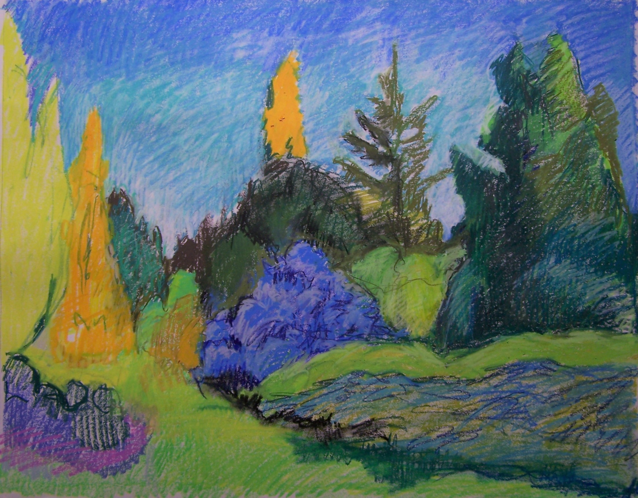 oil pastel of fir garden whole image wip